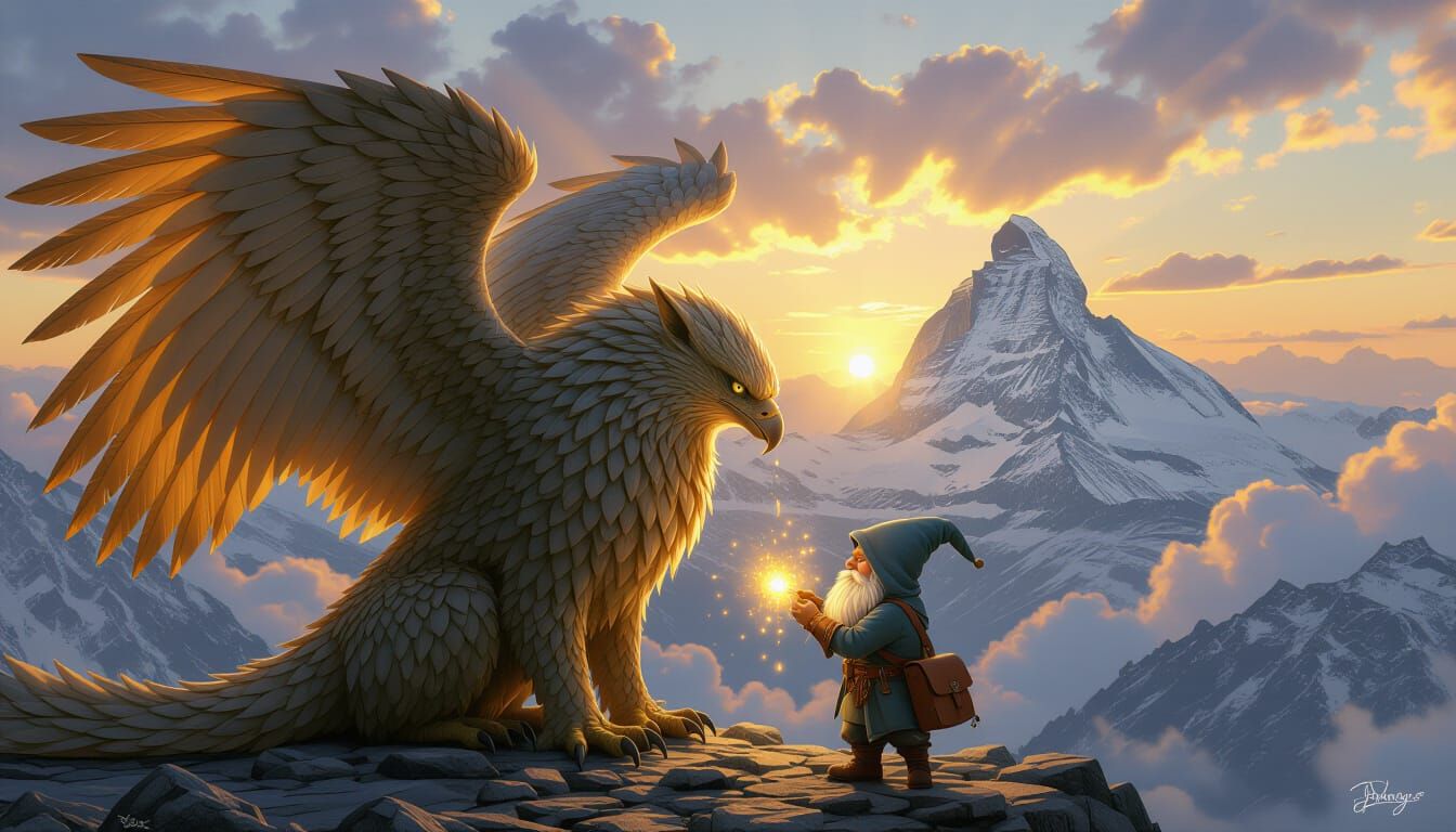 Griffin Healed by Gnome in Epic Fantasy Landscape