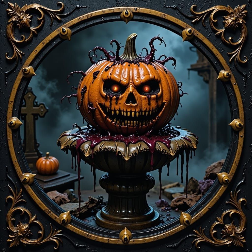 Grotesque Bloody Pumpkin in Halloween Graveyard Setting