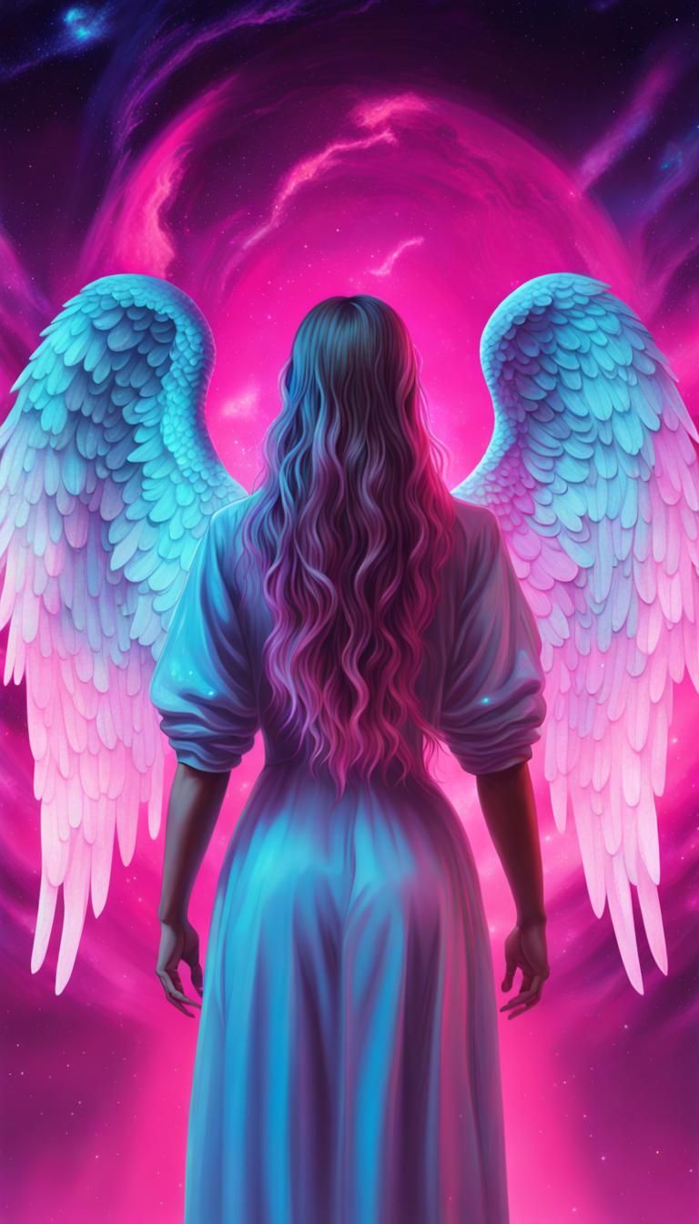 Vaporwave Angel with Cosmic Planet and Galaxy