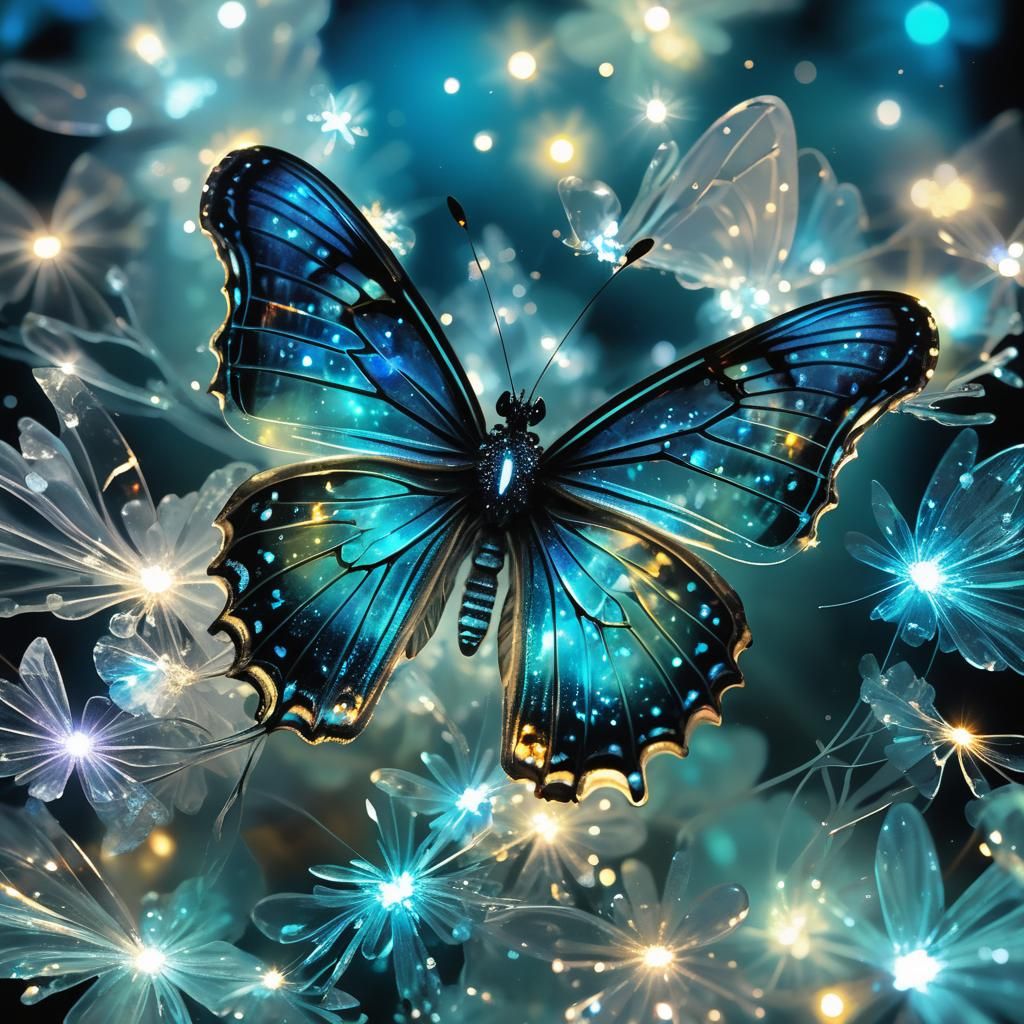 Bioluminescent Butterfly Macro with Crystals and Sparkles