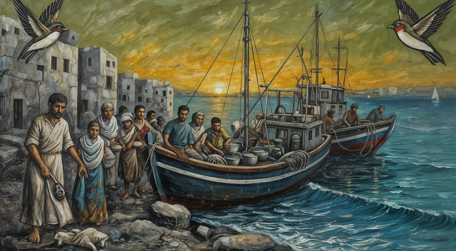Palestinian Fishermen at Dawn in Expressionist Style