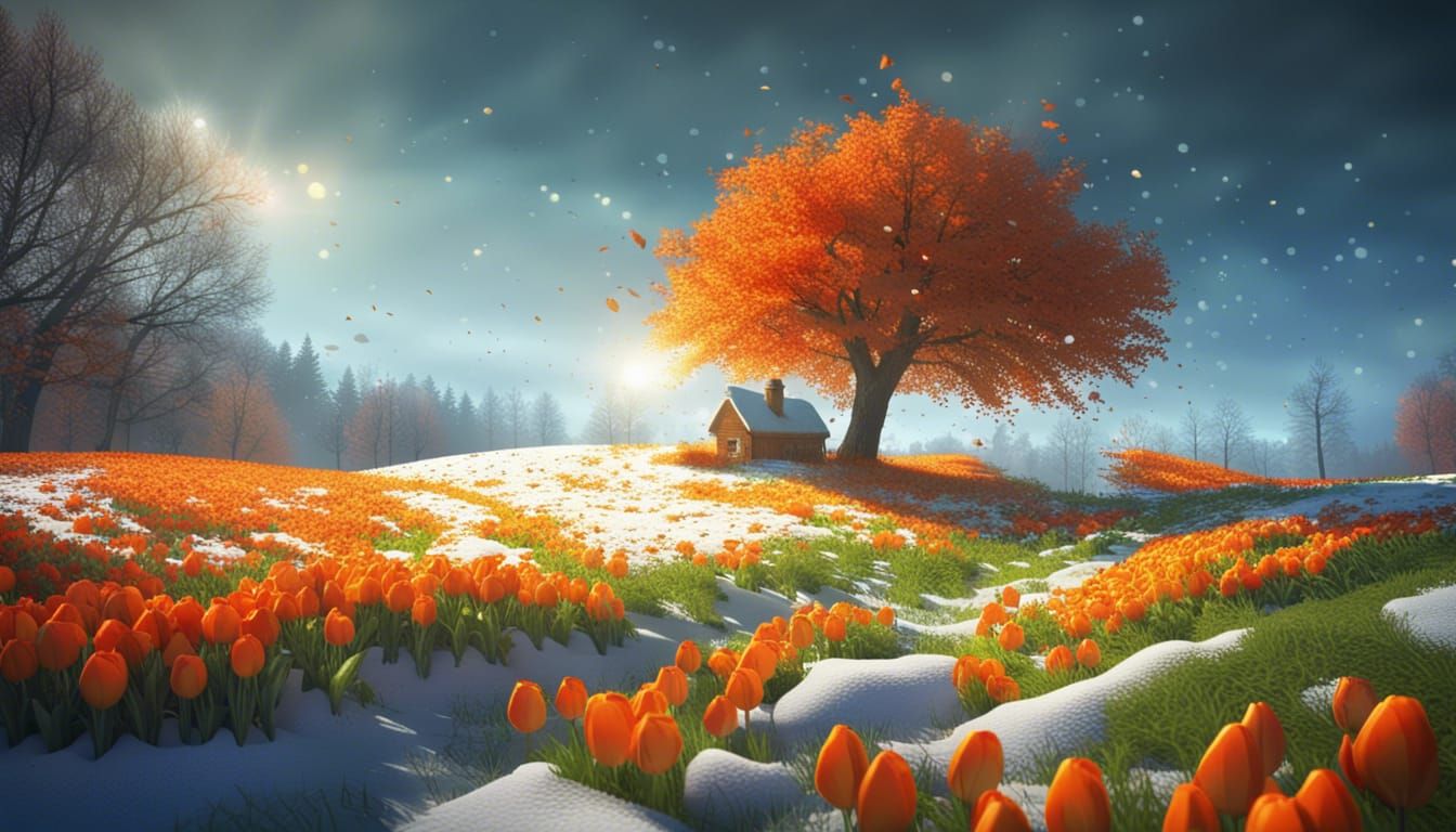 Surreal Four Seasons Landscape in Dark Fantasy Style