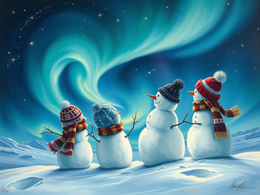 Snowman Family Gaze at Aurora Borealis as Oil Painting