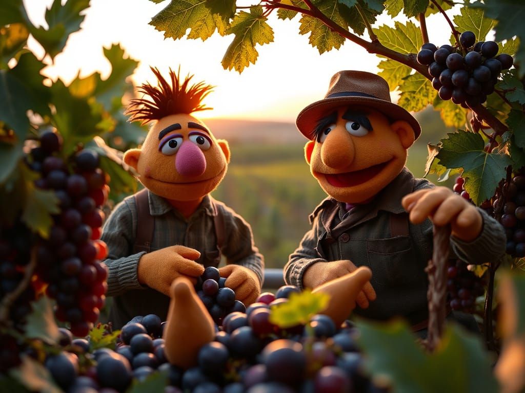 Bert and Ernie Harvest Grapes in a Serene Vineyard Landscape
