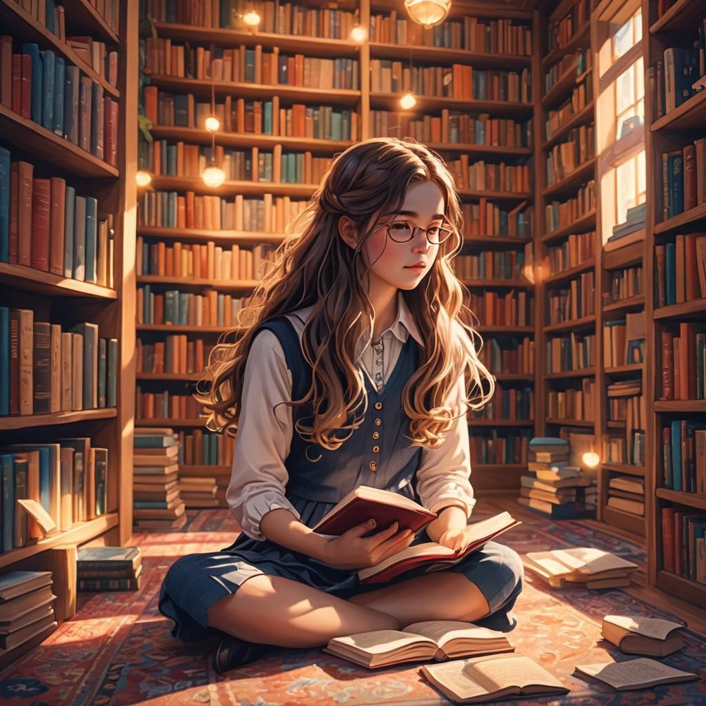 Schoolgirl Reading in Bookstore: Magical Realism Illustratio...