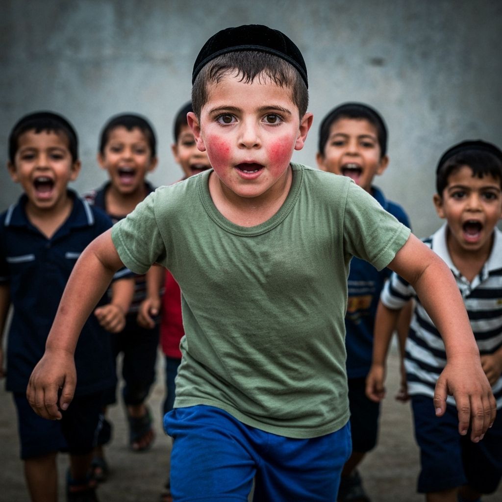 Haredi Boy Running with Friends, Vibrant Portrait