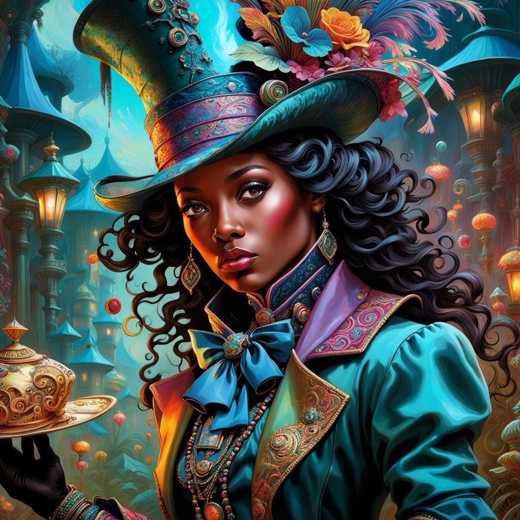 Woman in Maximalist Hat with Exploding Colors