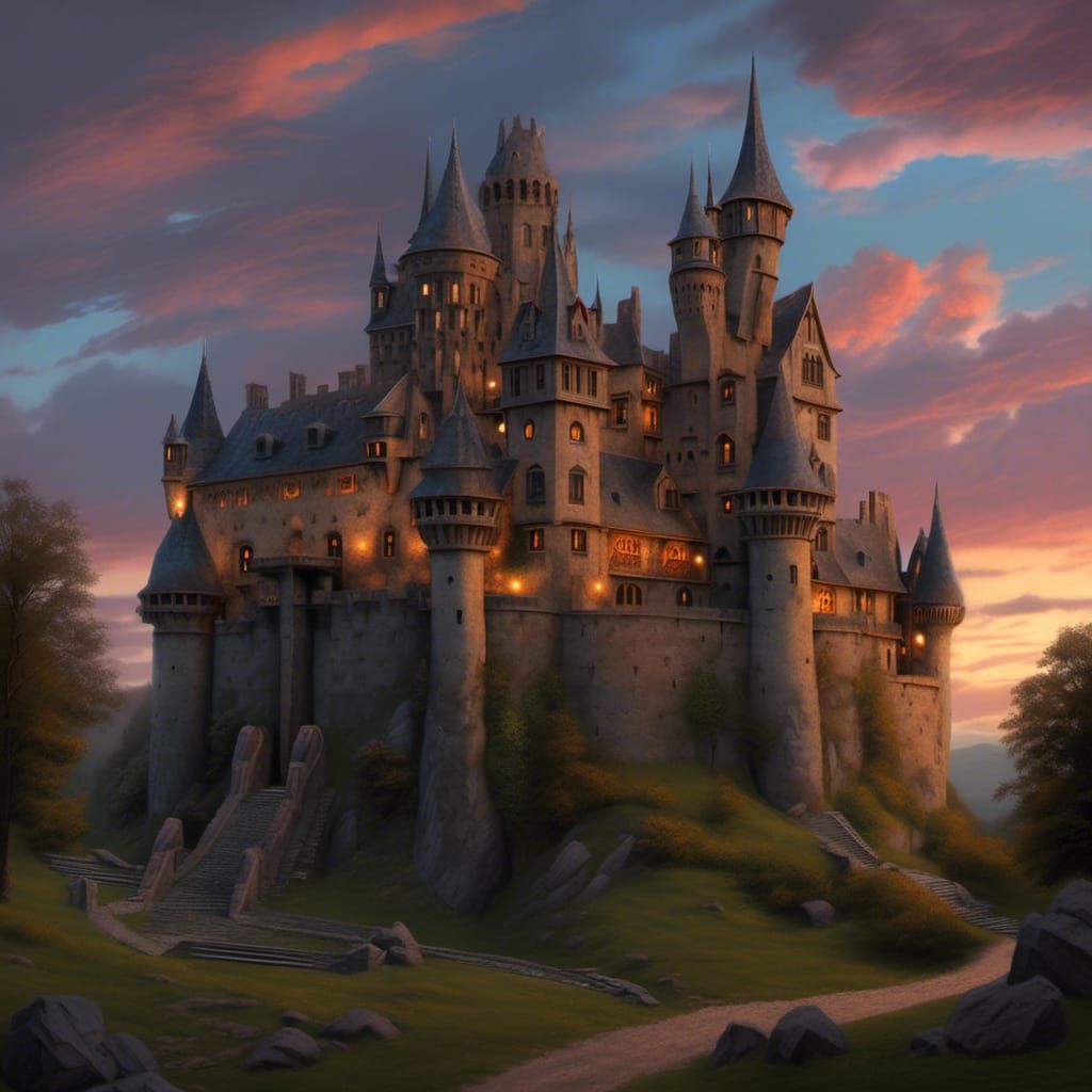 Medieval Castle at Dusk: Detailed Matte Painting
