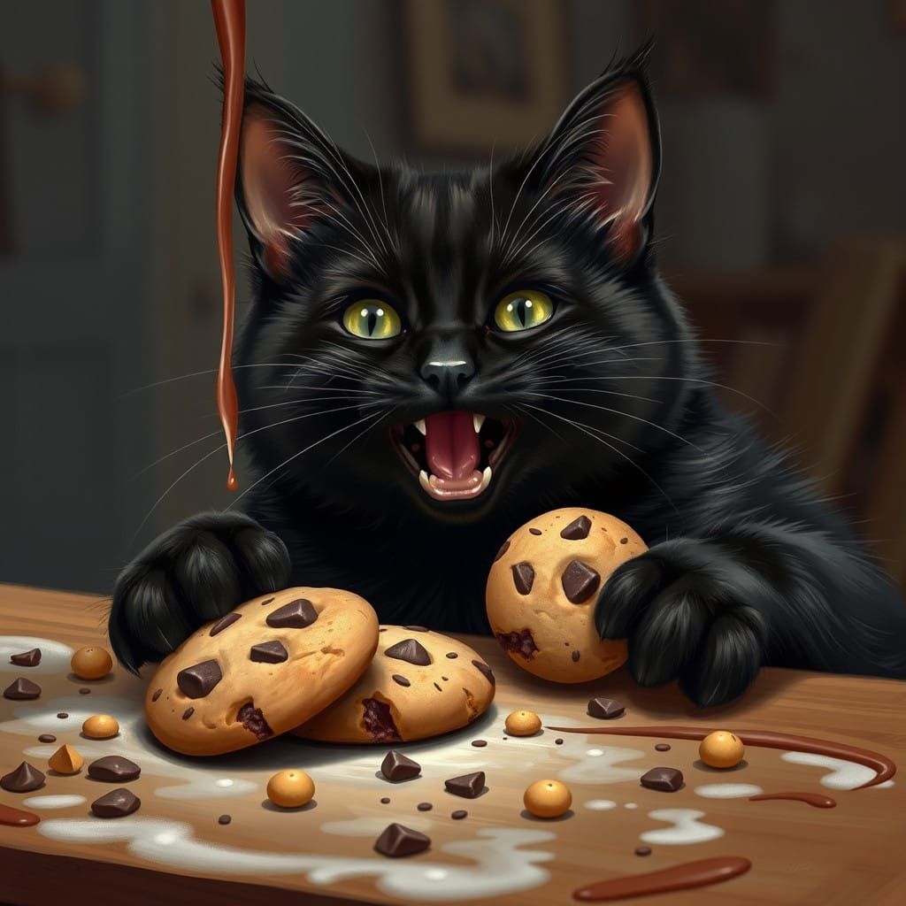 Joyful Black Cat Devours Chocolate Chip Cookies in Chaotic C...