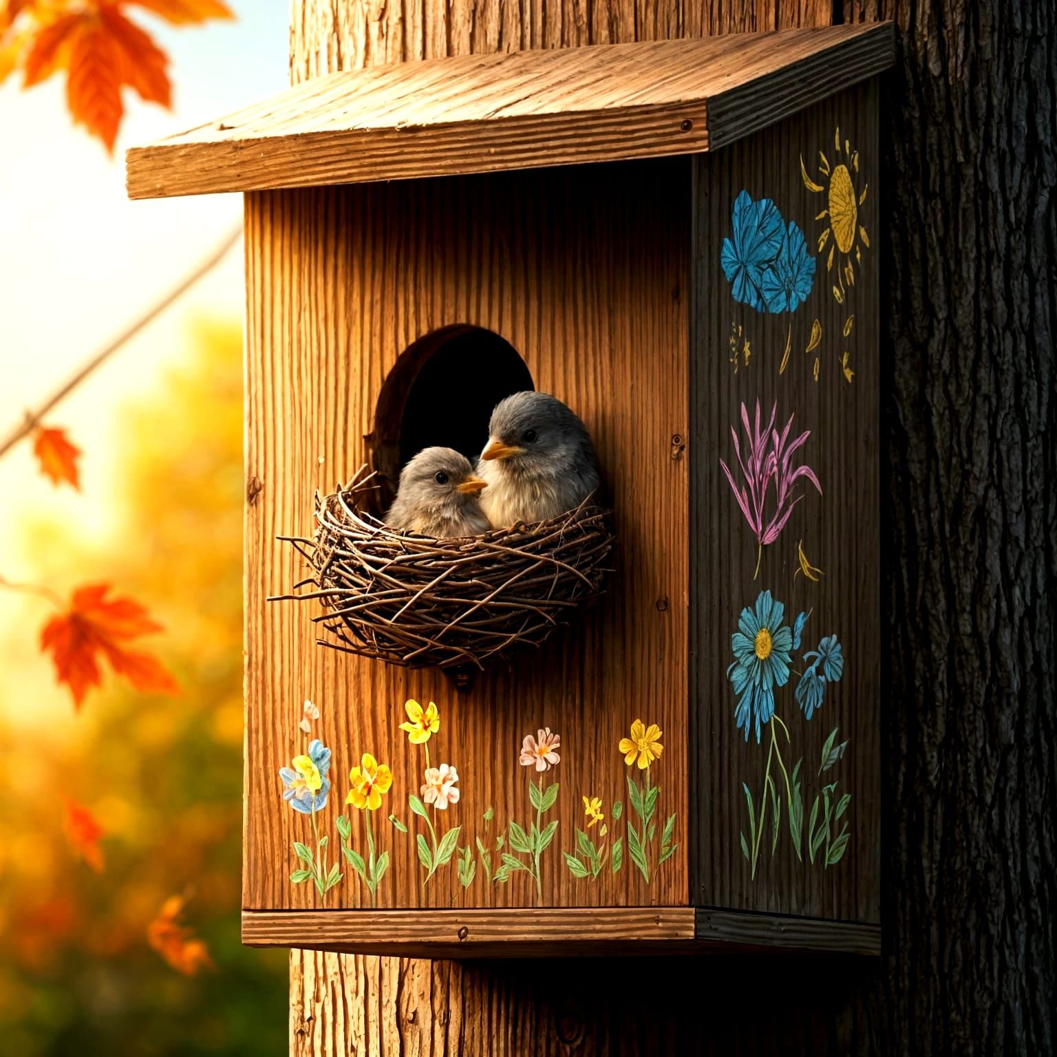 Autumn Birdhouse Scene with Mother and Baby