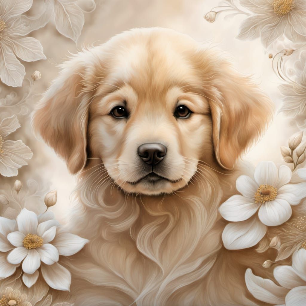 Whimsical Golden Retriever Puppy in a Floral Wonderland