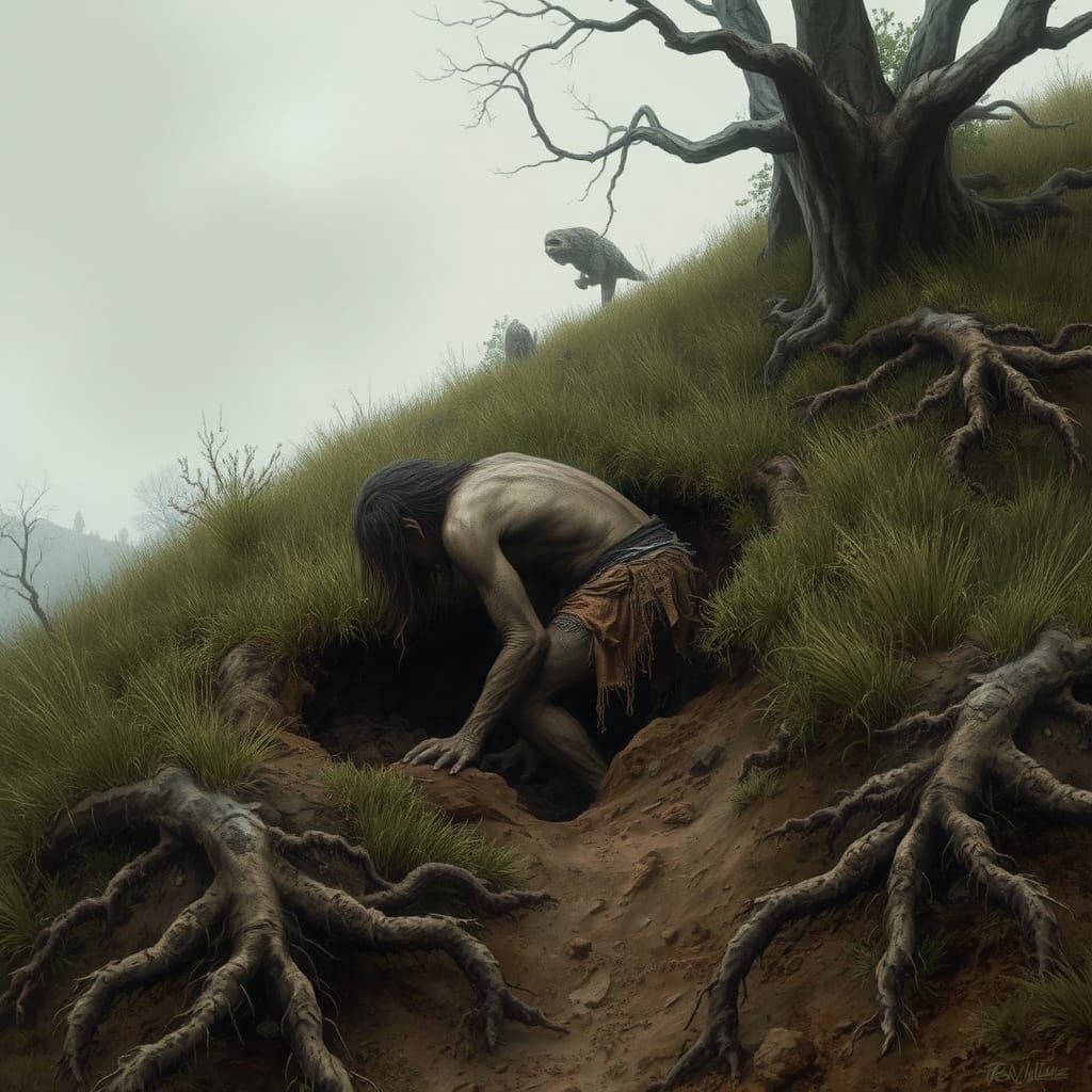 Troglodyte Digging in Earthy Landscape
