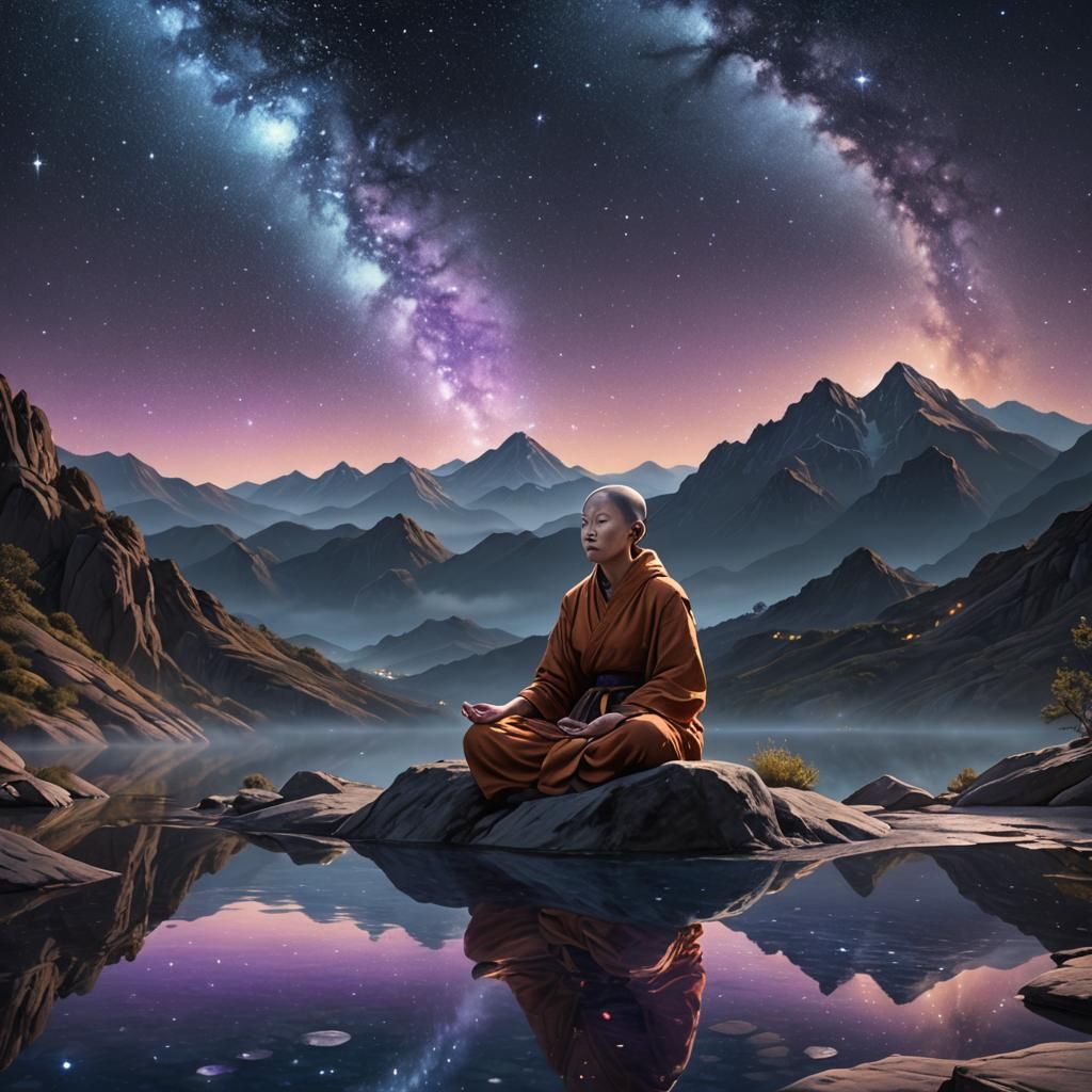 Female Monk Meditating Under Starry Night Sky