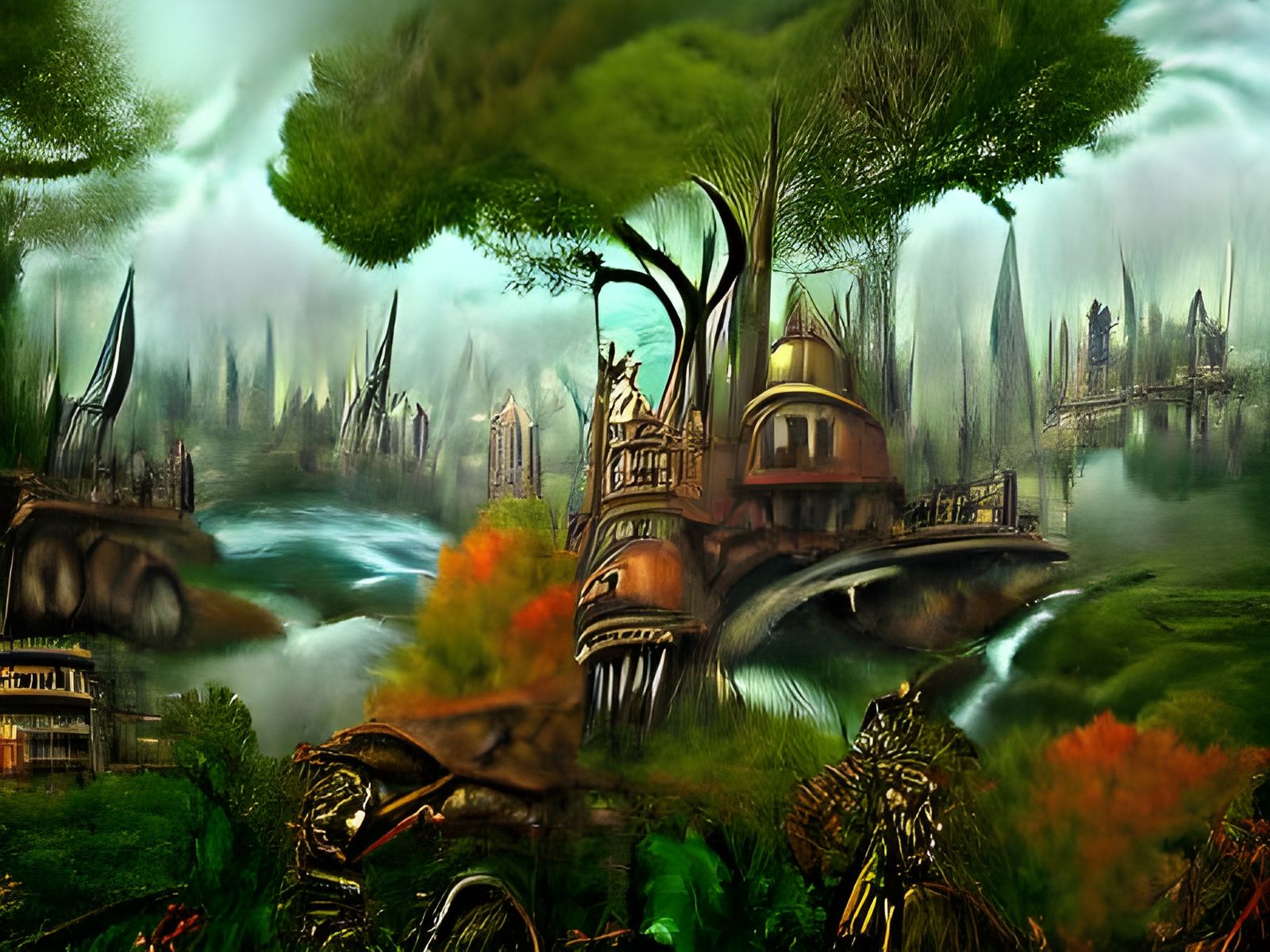 Elfpunk Township in Fantasy Forest, Digital Illustration