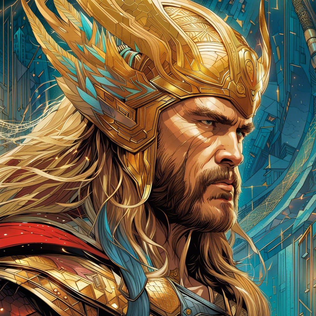 Thor with Golden Outlines: Digital Concept Art