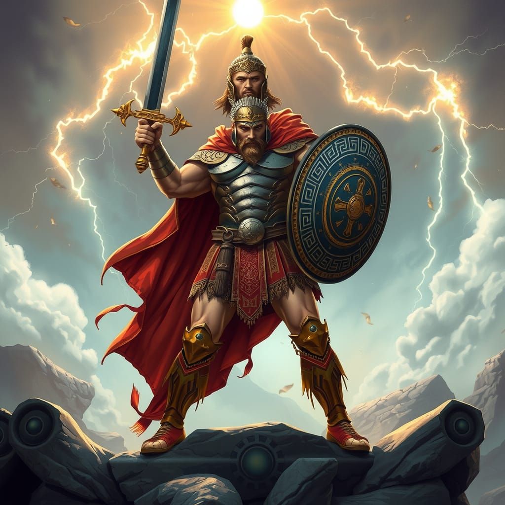 Perseus Demigod in Epic Battle Stance, Digital Illustration