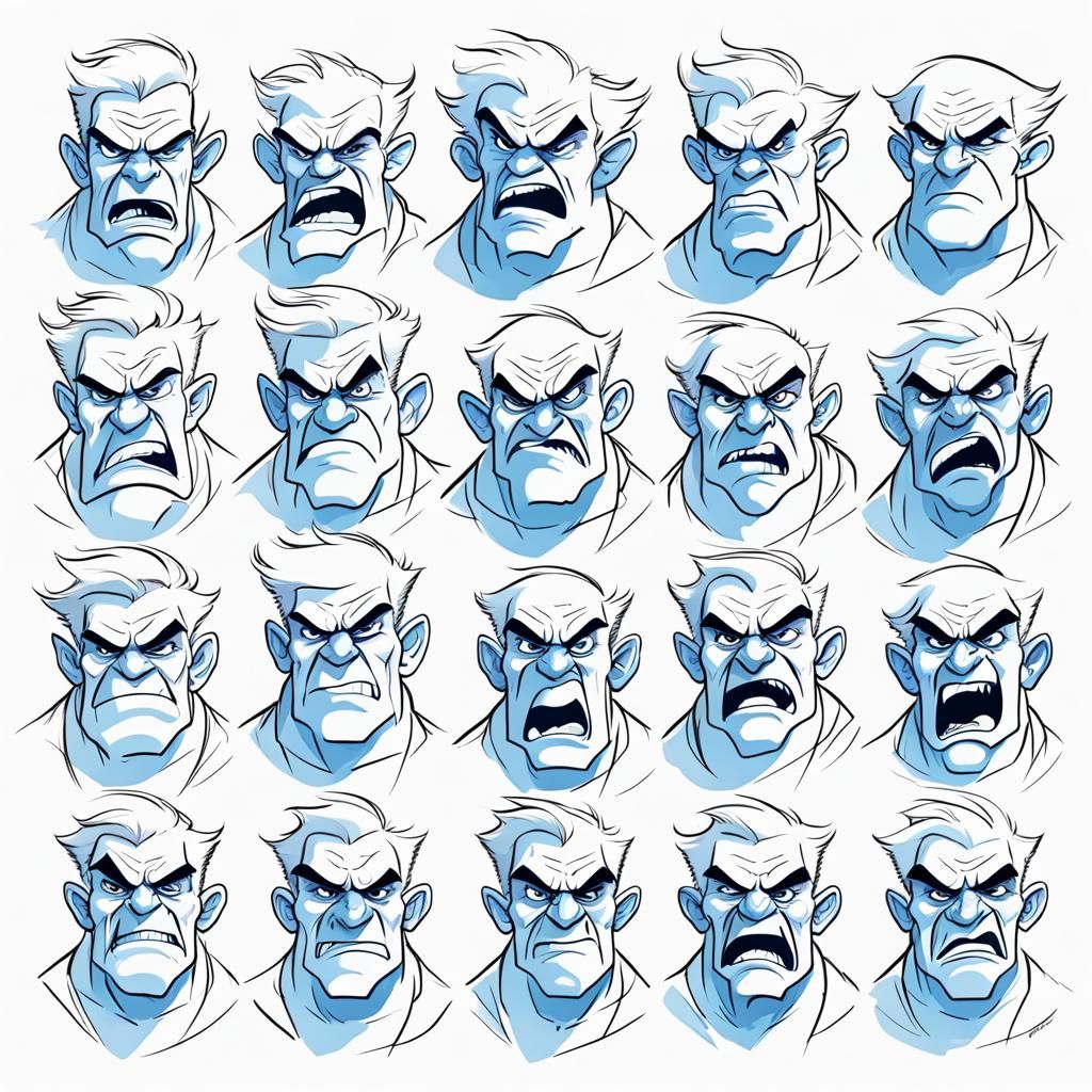 Angry Man Facial Expressions in Disney Cartoon Style