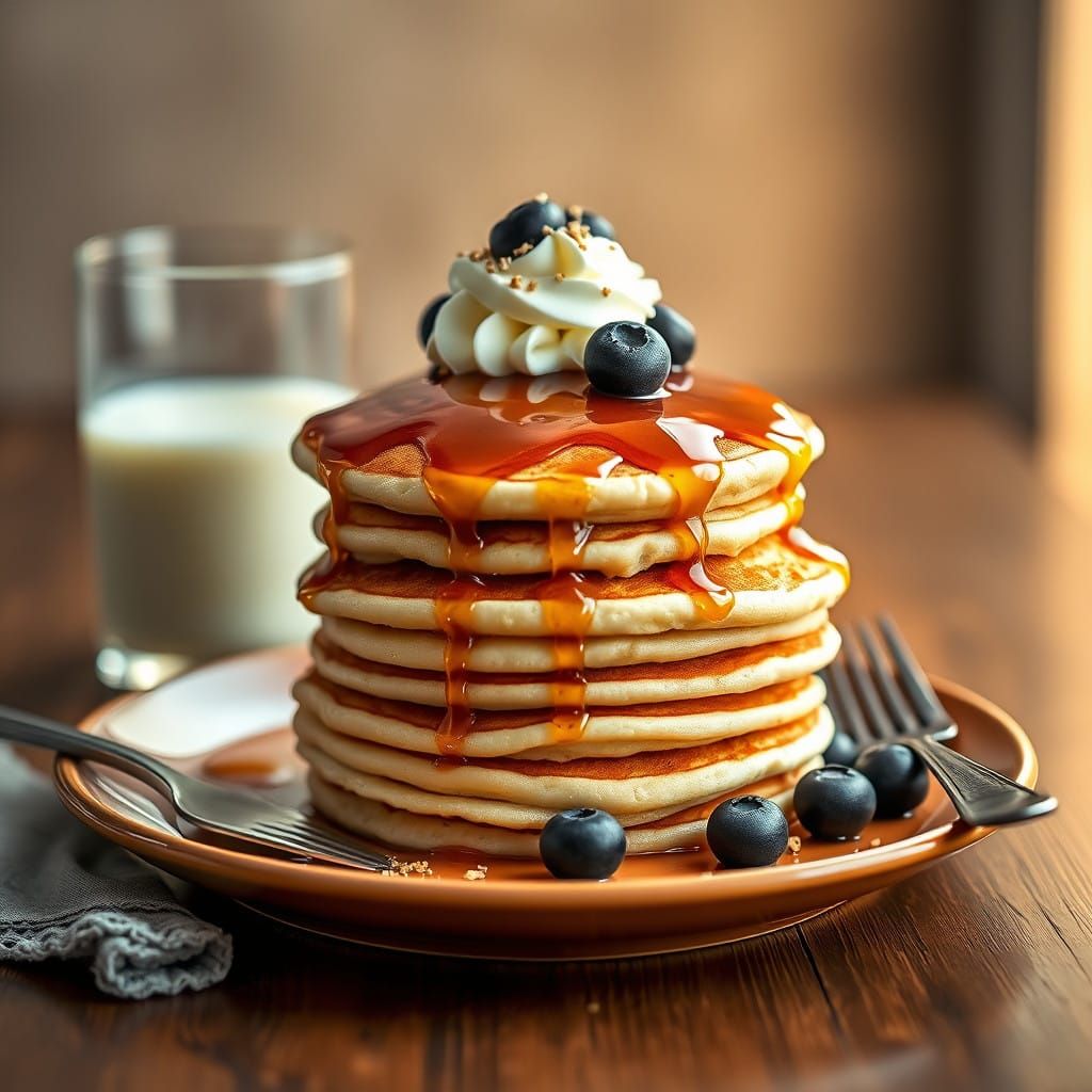 Fluffy Pancakes with Whipped Cream and Fresh Blueberries