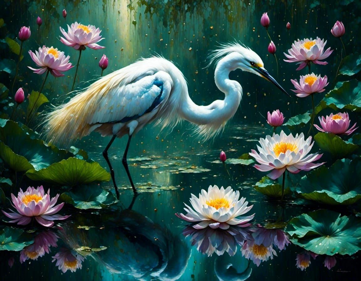 Snowy Egret in Lotus Pond Impasto Gouache Painting