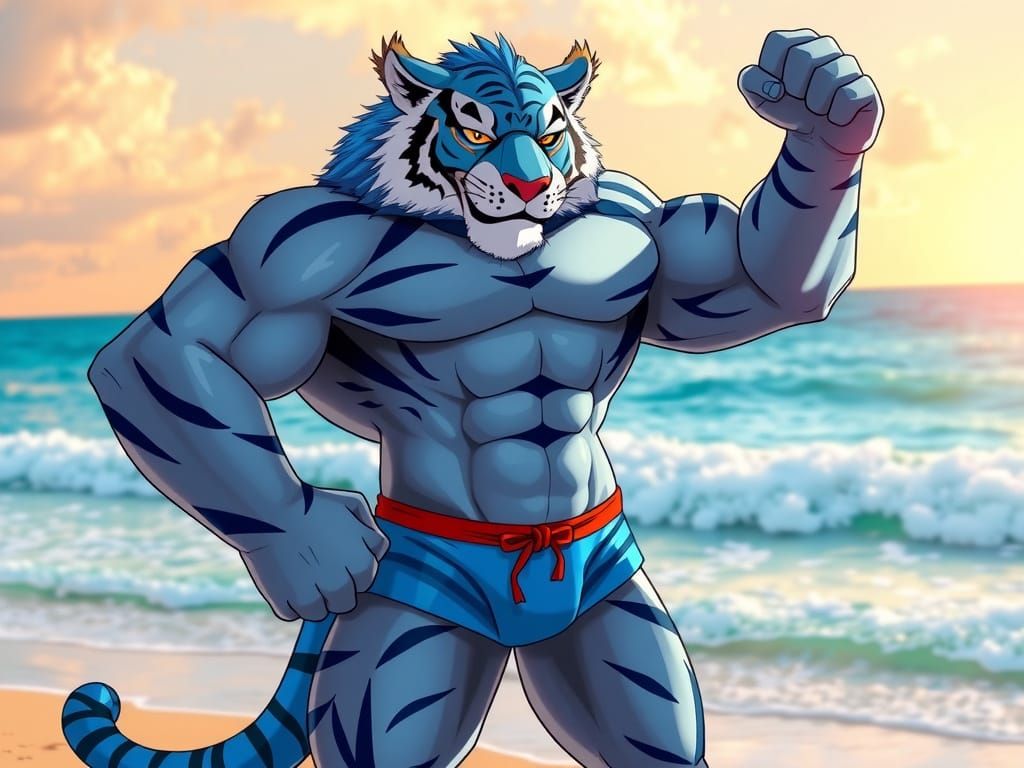 Charming Blue Furred Tiger Showcases Muscular Physique on Be...