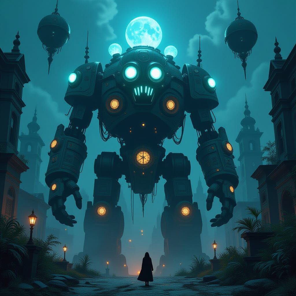 Bioluminescent Steampunk Golem Guarding Forgotten City