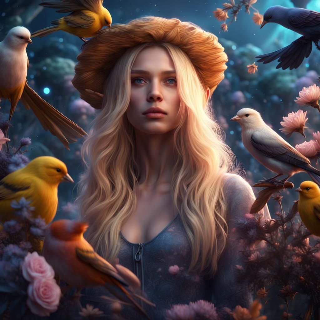 Blonde Girl with Birds in Space Garden