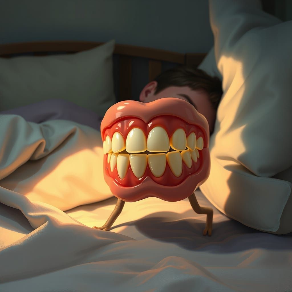Whimsical Dentures Approach Sleeping Owner in Dreamlike Scen...