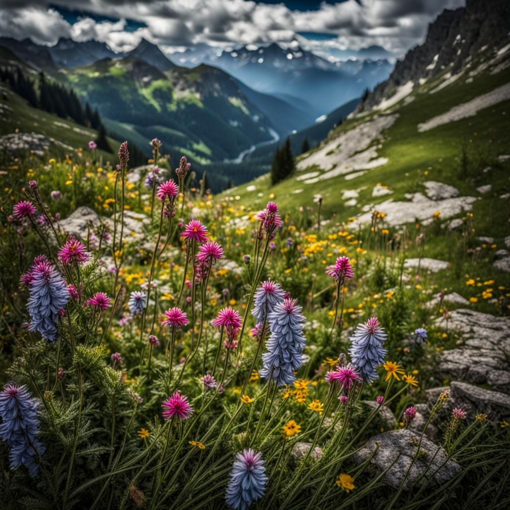 Watercolor Wildflowers in the Alps: Hyperrealistic Detail