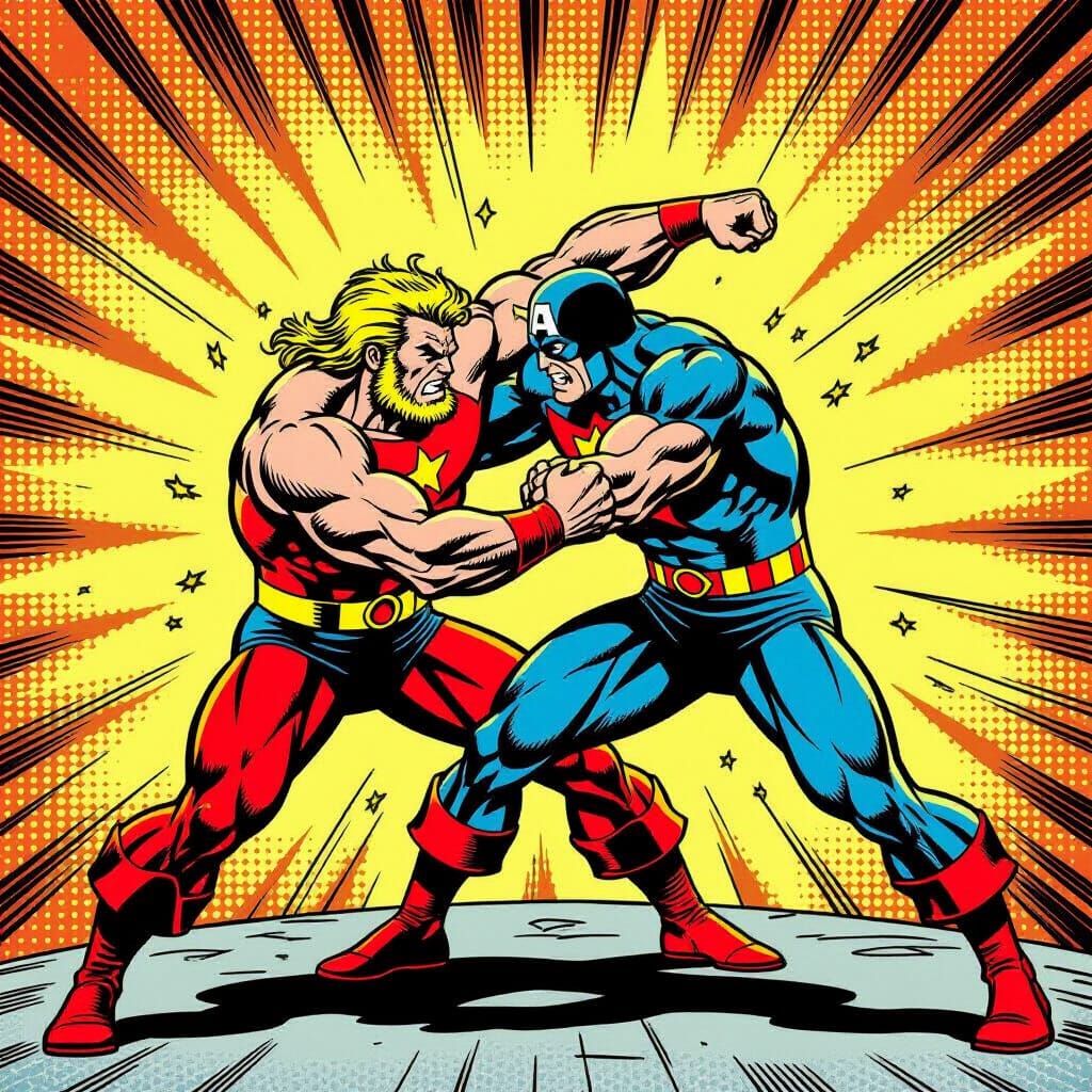 Hercules and Captain Marvel Wrestling in Retro Comic Style