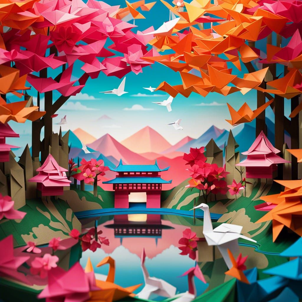 Vibrant Origami Panorama with Crane and Castle