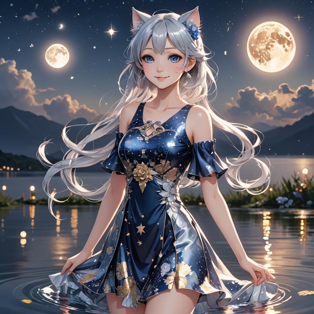Cat-Girl in Silk Dress with Moonlit Lake Reflection