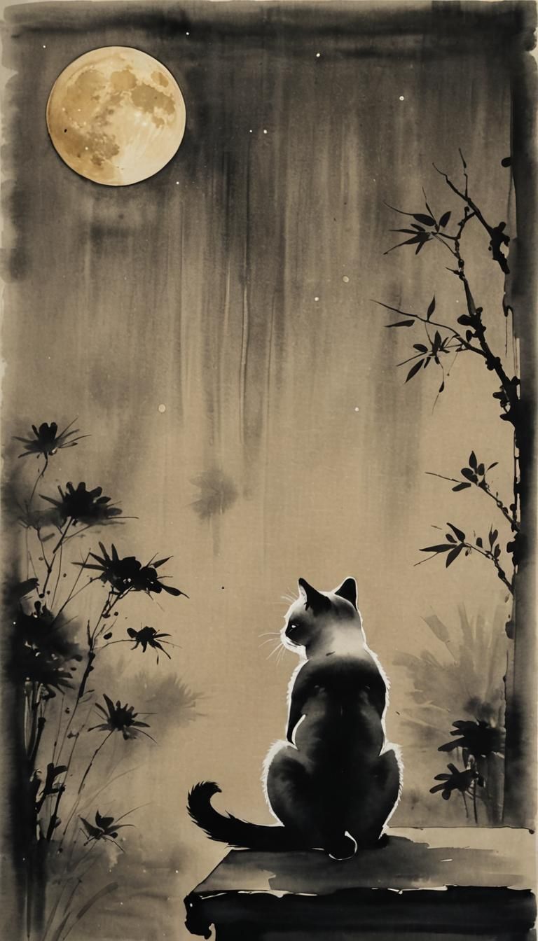 Minimalist Chinese Ink Painting of Cat at Window