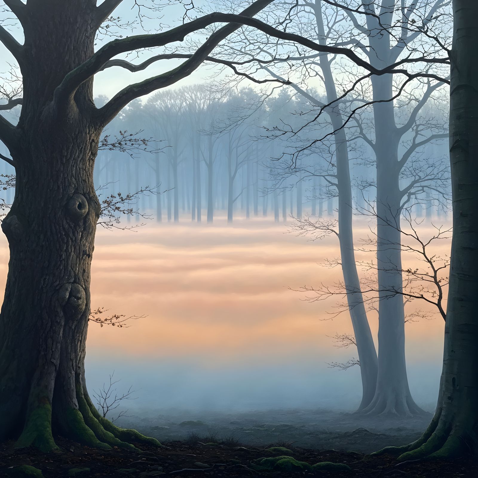Mysterious Foggy Forest at Dawn in Realist Oil Style