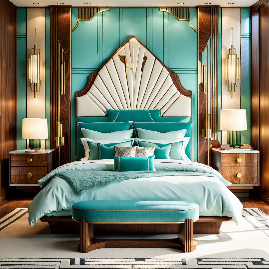 Art Deco Bedroom with Aqua Walls