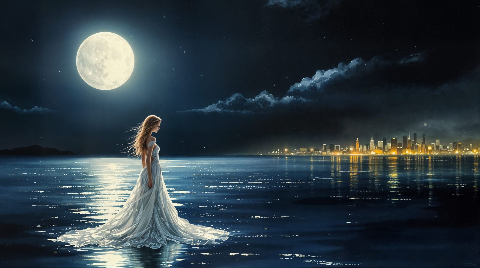 Dreamy Watercolor Moonlit Scene