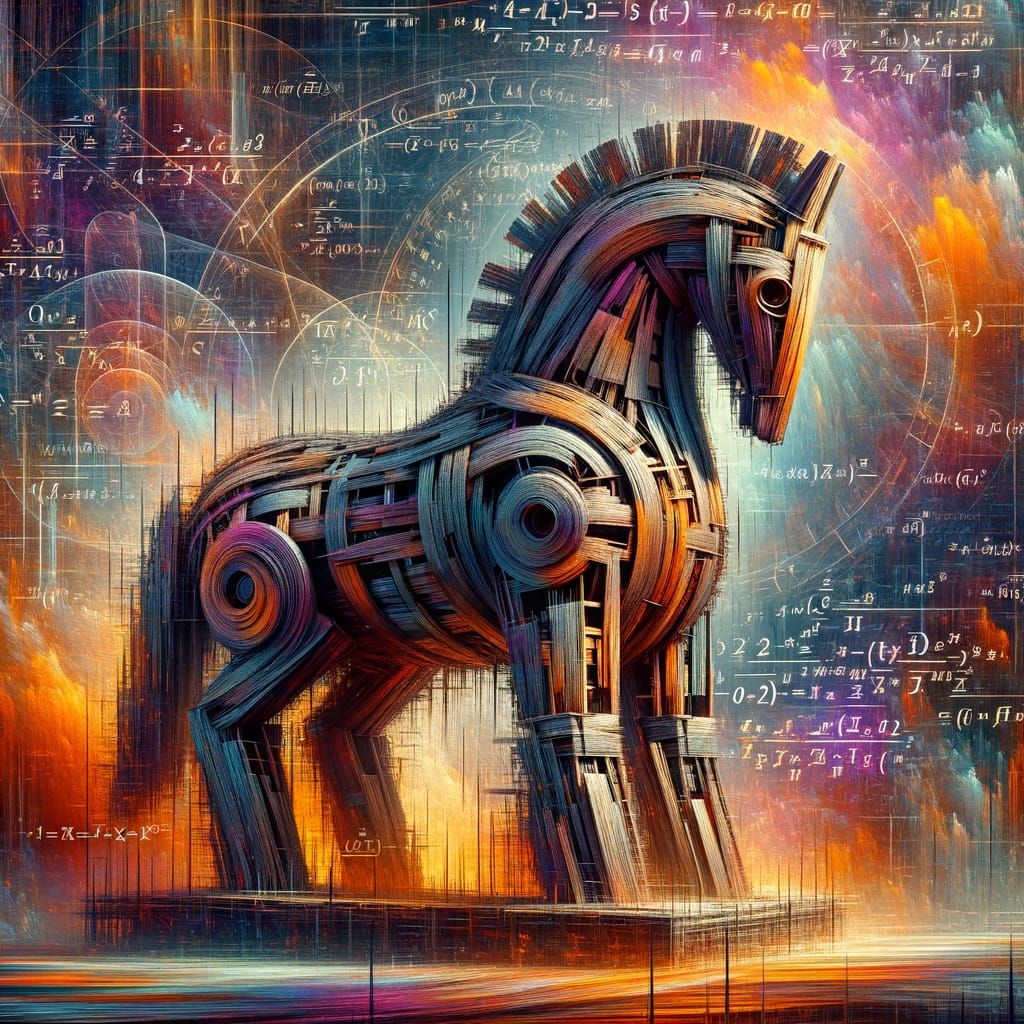 Quantum Math Art Depicting the Trojan Horse in Abstract Real...