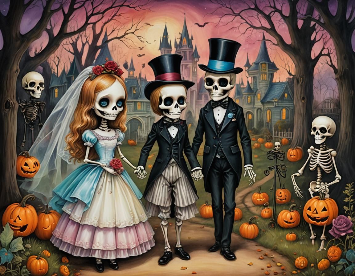 Whimsical Bride and Skeleton Groom Illustration