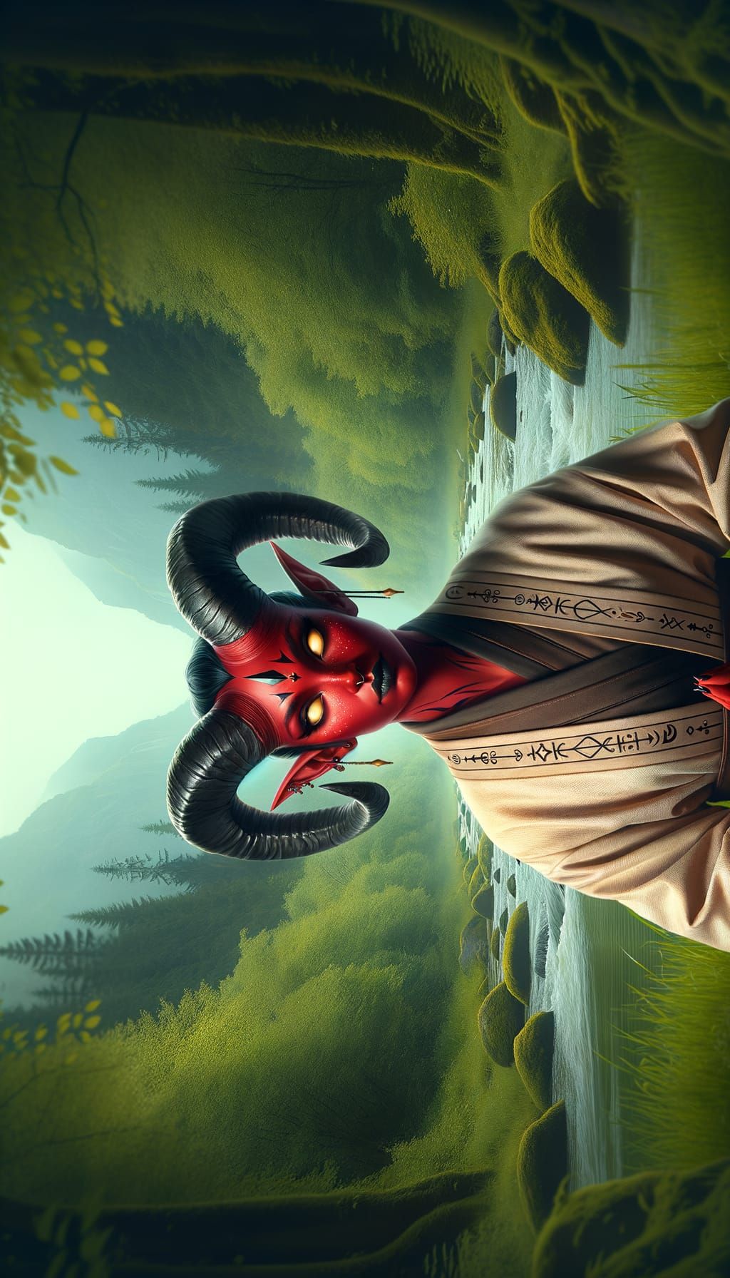 Tiefling Monk Meditating in a Lush Forest
