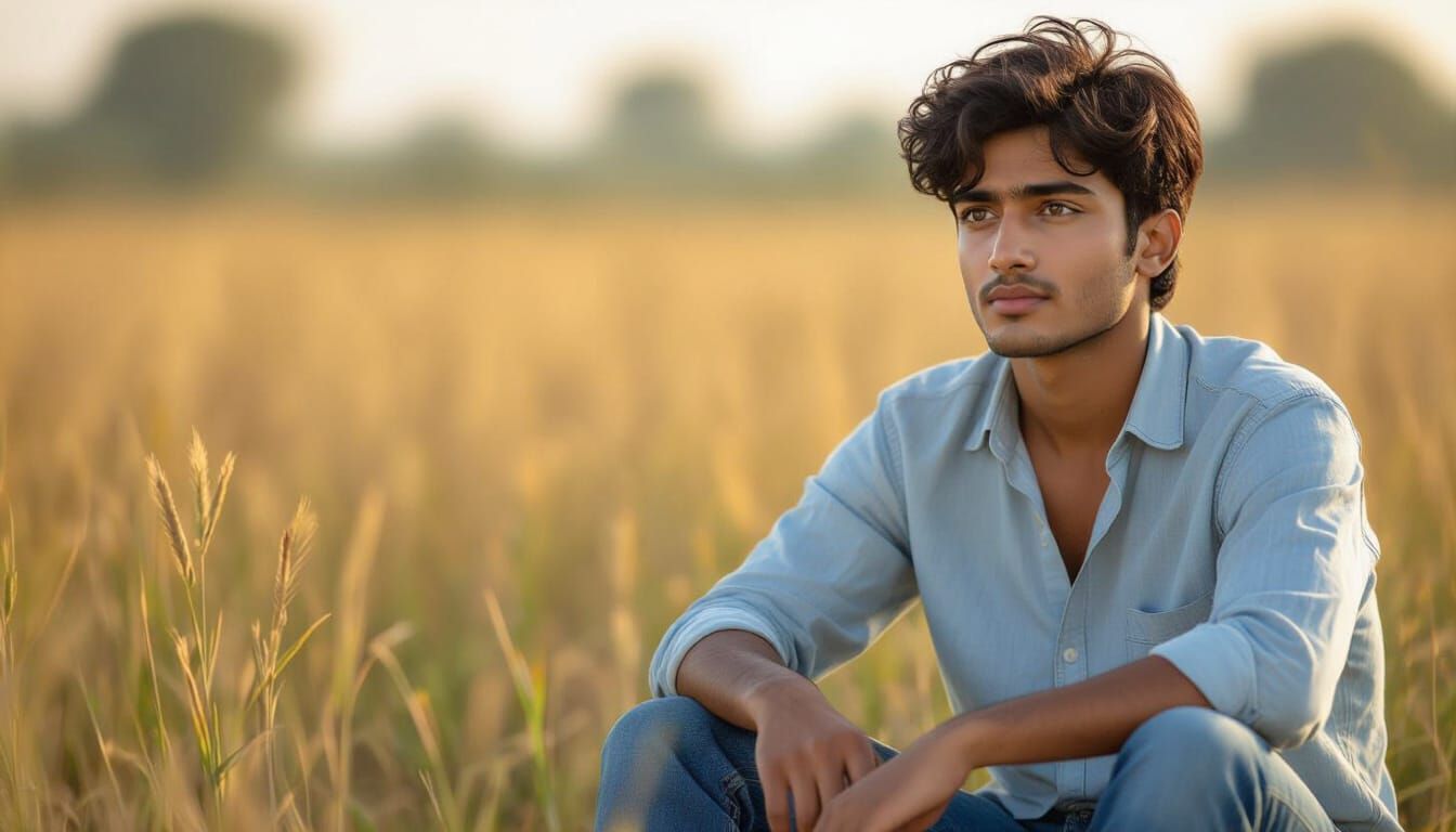 Thoughtful Young Man Contemplating in a Sunlit Field