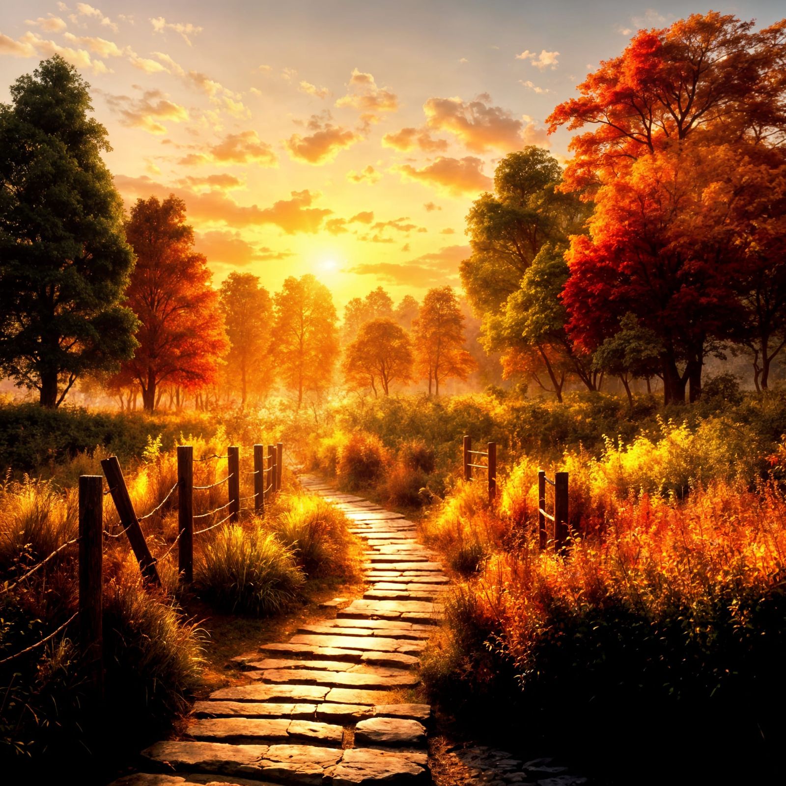 Vibrant Sunrise Over Lush Landscape in Impressionist Gouache...