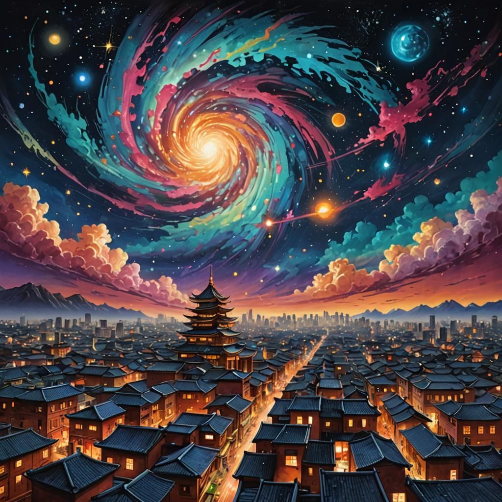 Night Sky Majesty Over Ancient City in Graffiti Art