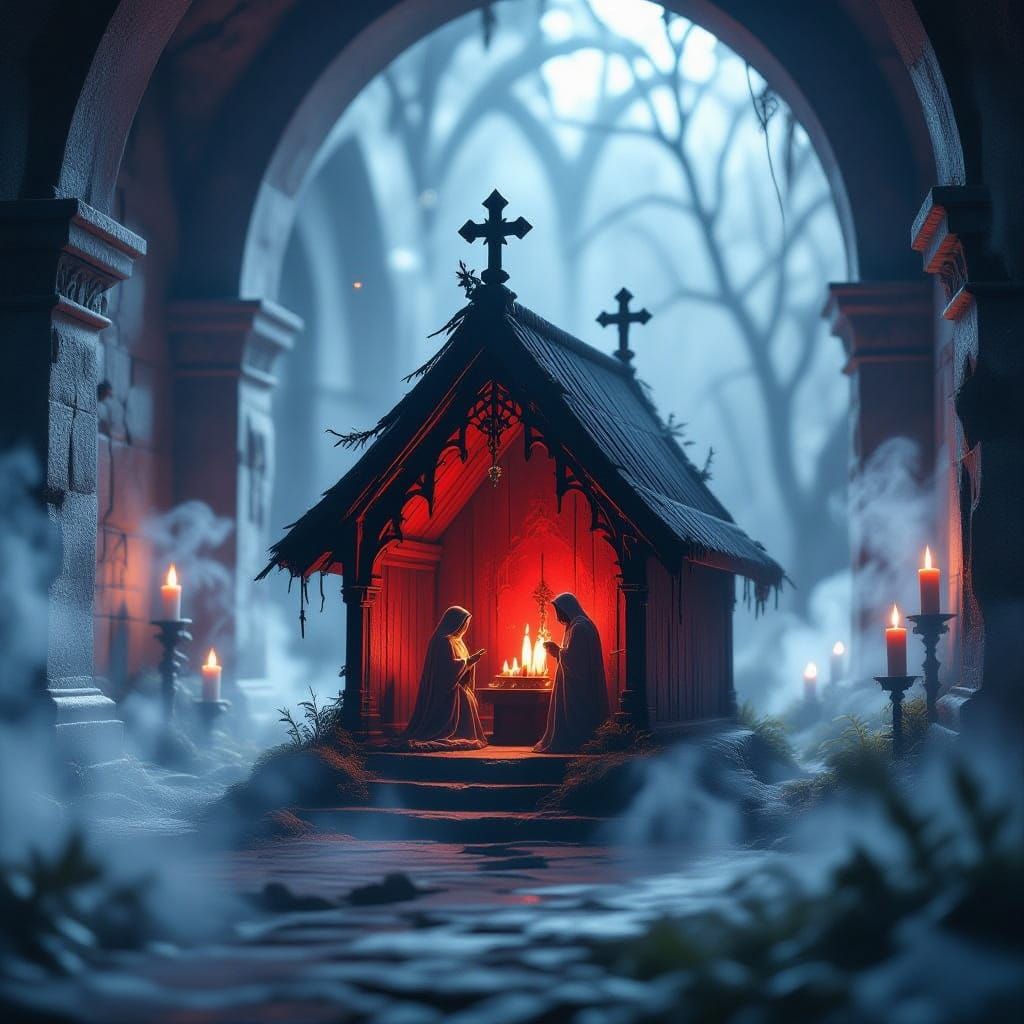 Ghostly Nativity Scene in Crypt with Ethereal Lights