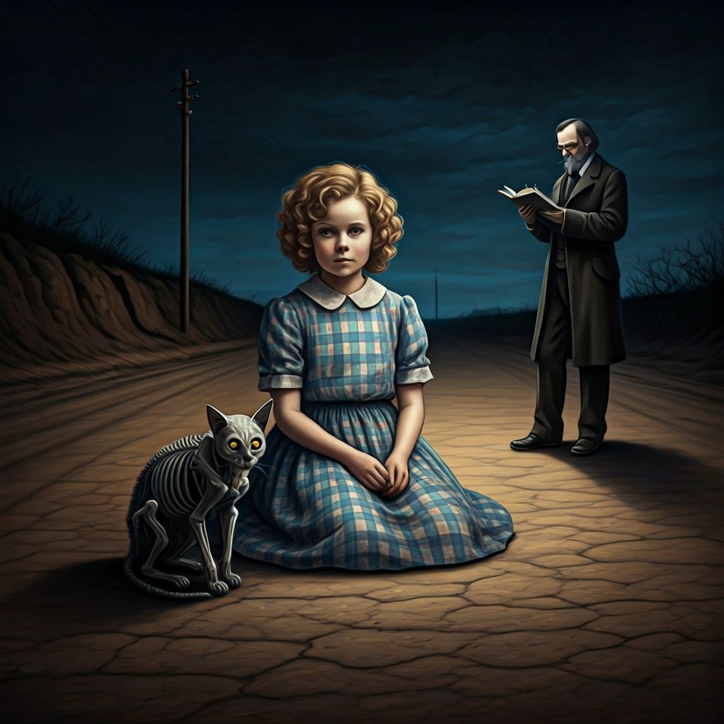 Shirley Temple Figure with Skeletal Cat on Dusty Road