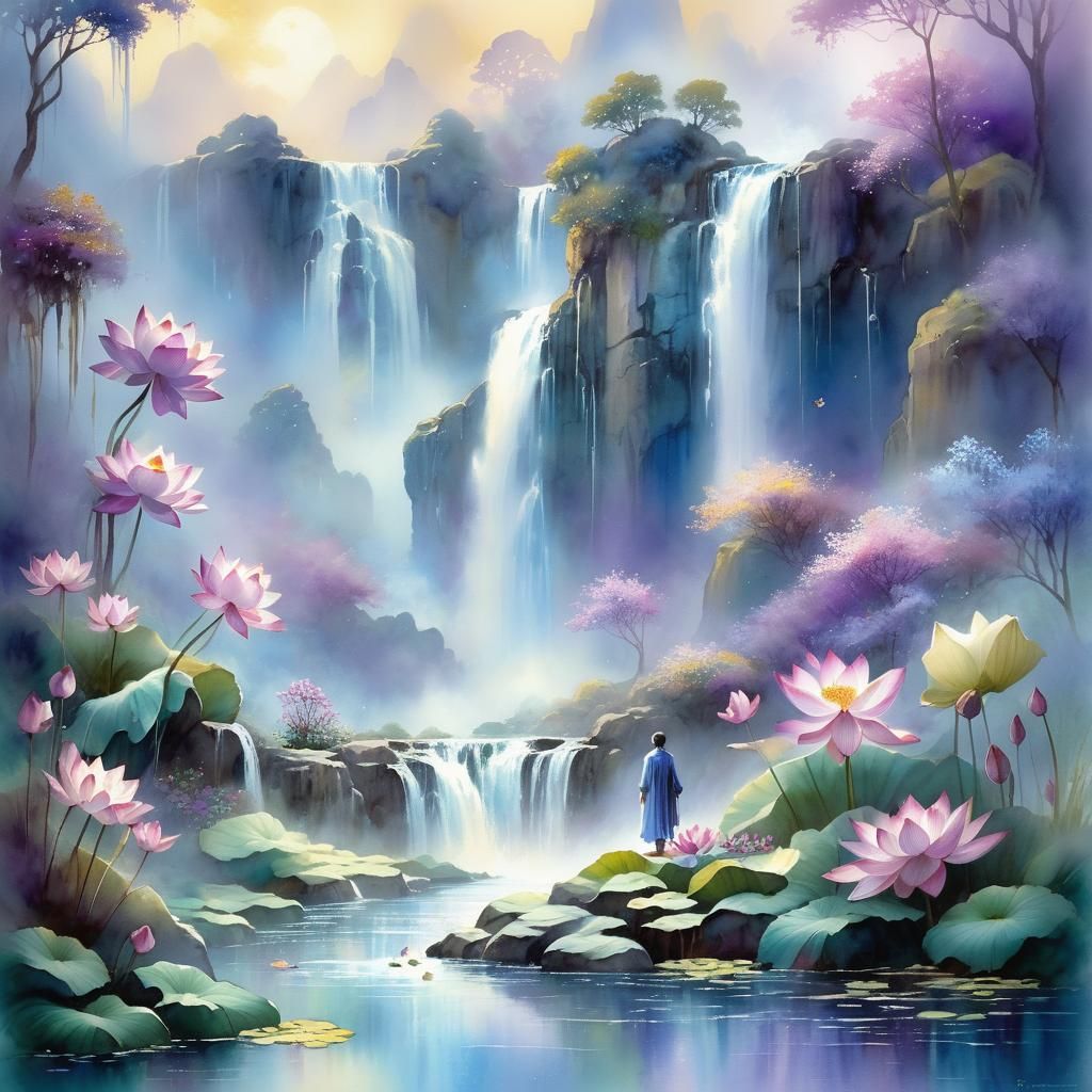 Dreamlike Waterfall Landscape in Watercolour Style