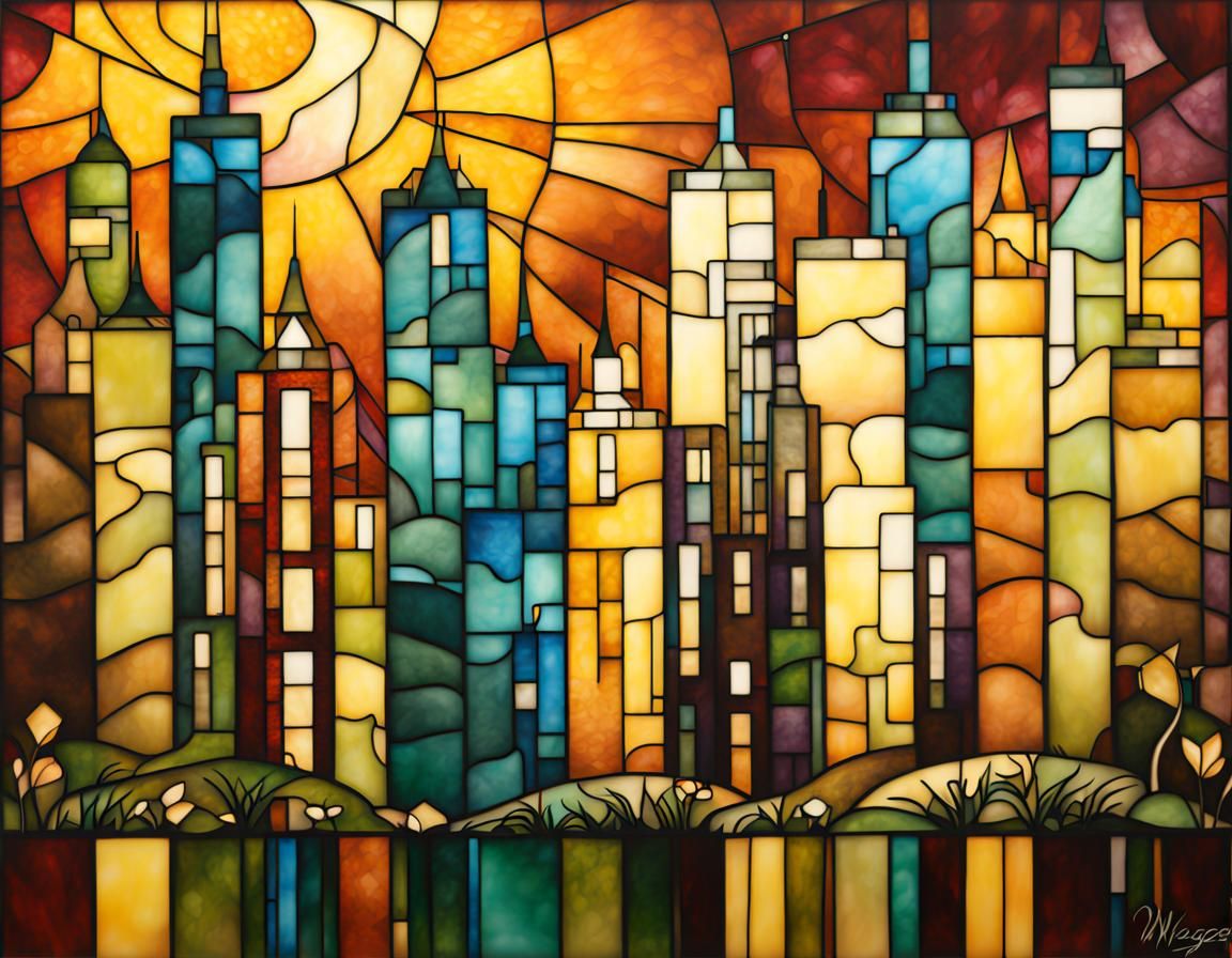 Aureolin Cityscape in Stained Glass Style