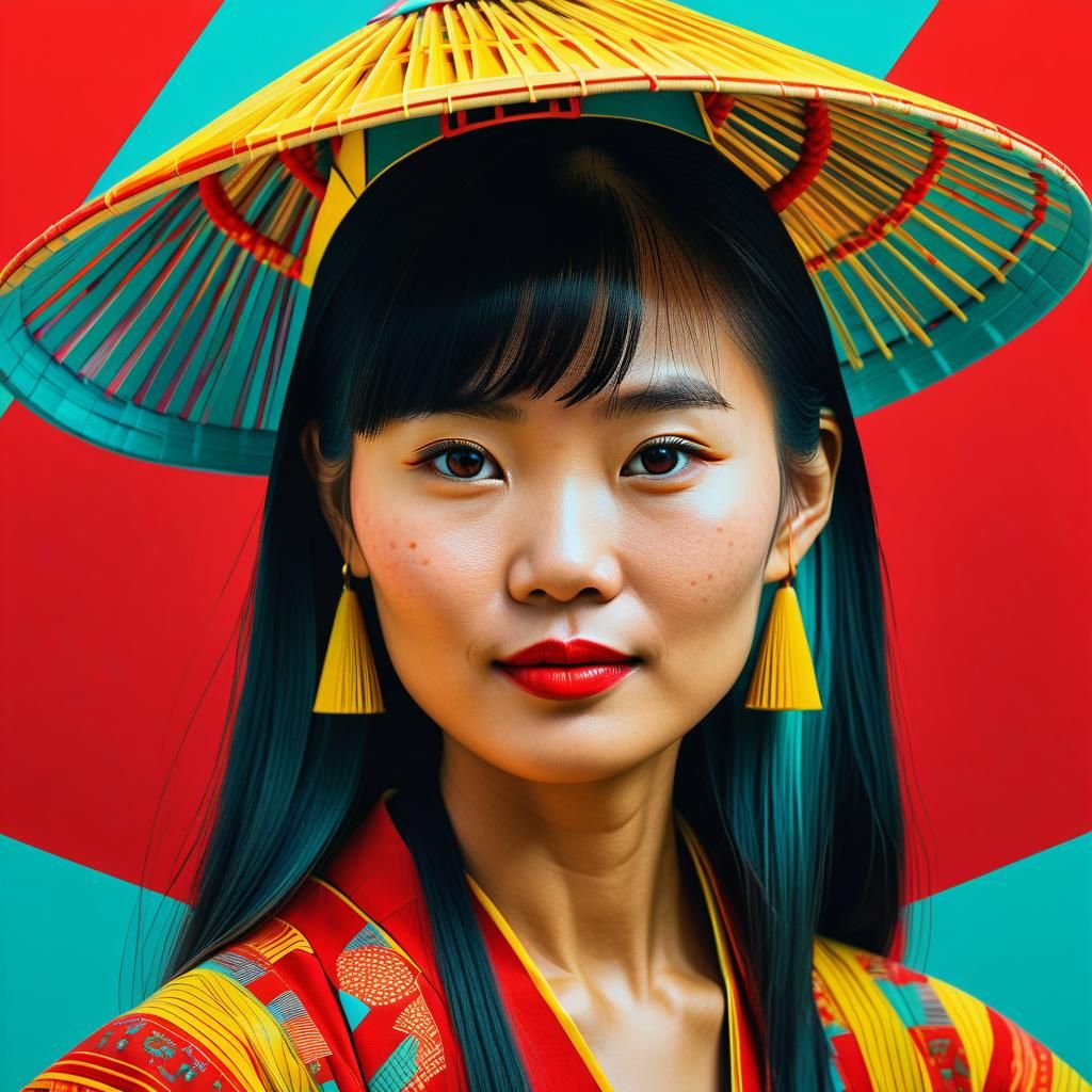 Pop Art Portrait of Vietnamese Woman with Conical Hat