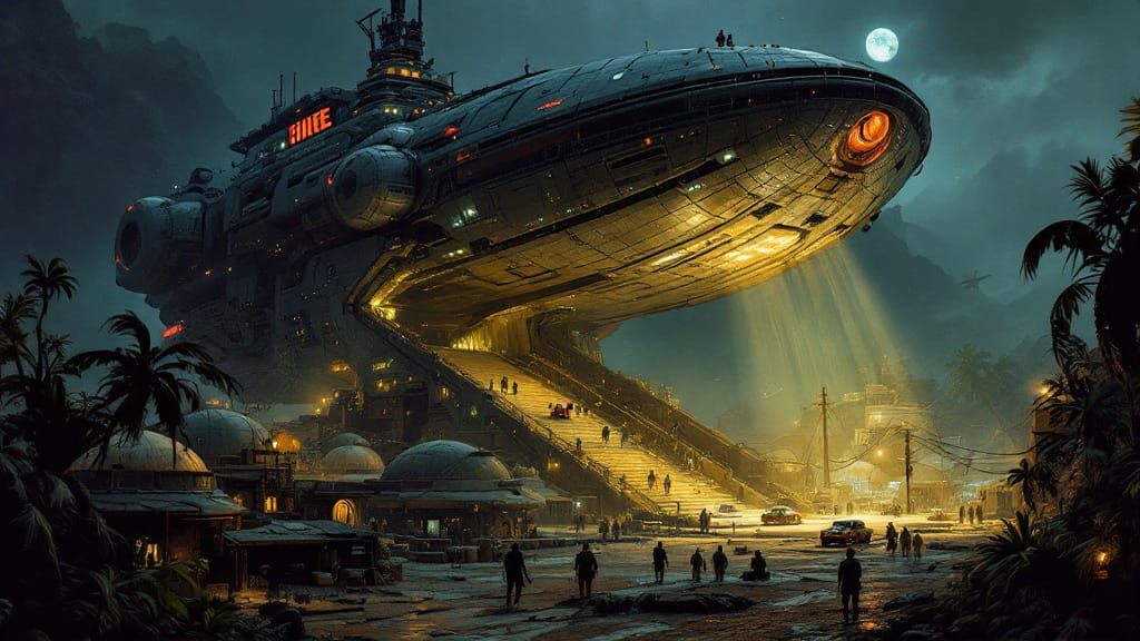 Sci-Fi Cargo Ship Over Alien Town at Night