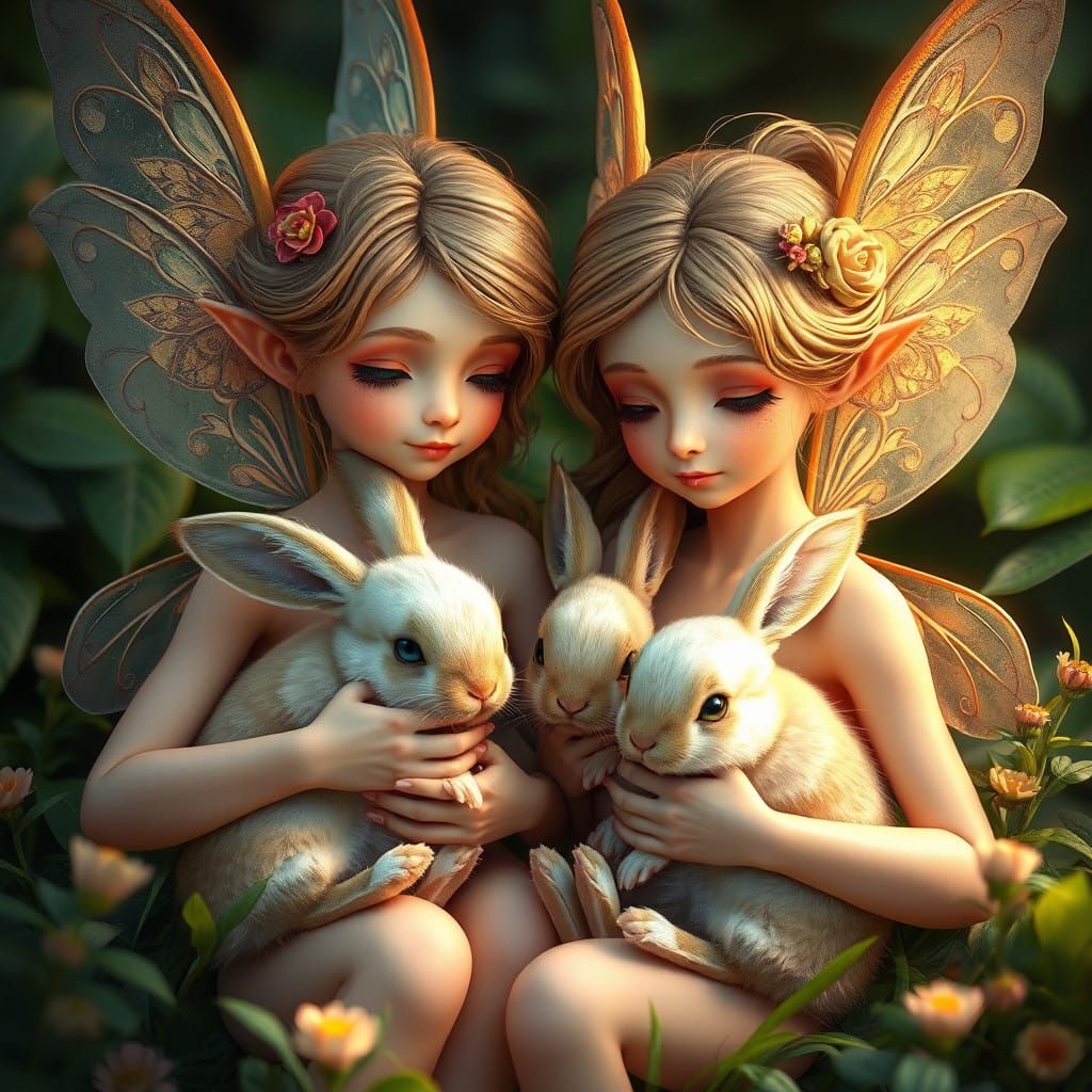 Fairies with Adorable Bunnies in Whimsical Art Nouveau Style