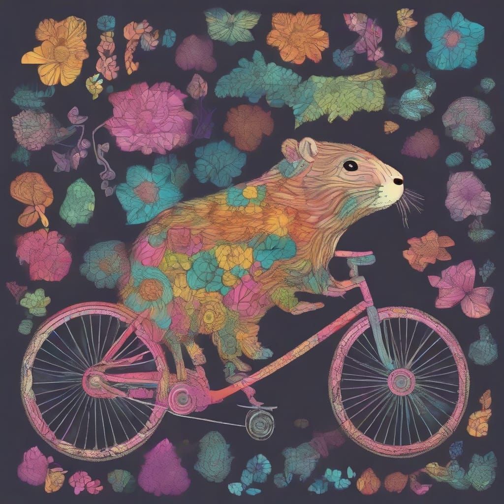Fantasy Capybara Rides Vibrant Bicycle in Whimsical Scene