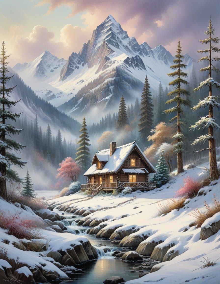 Snowy Cabin in Alpine Forest Watercolour Painting